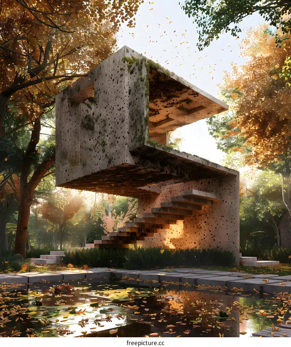 Modern Concrete Structure in Autumn Forest