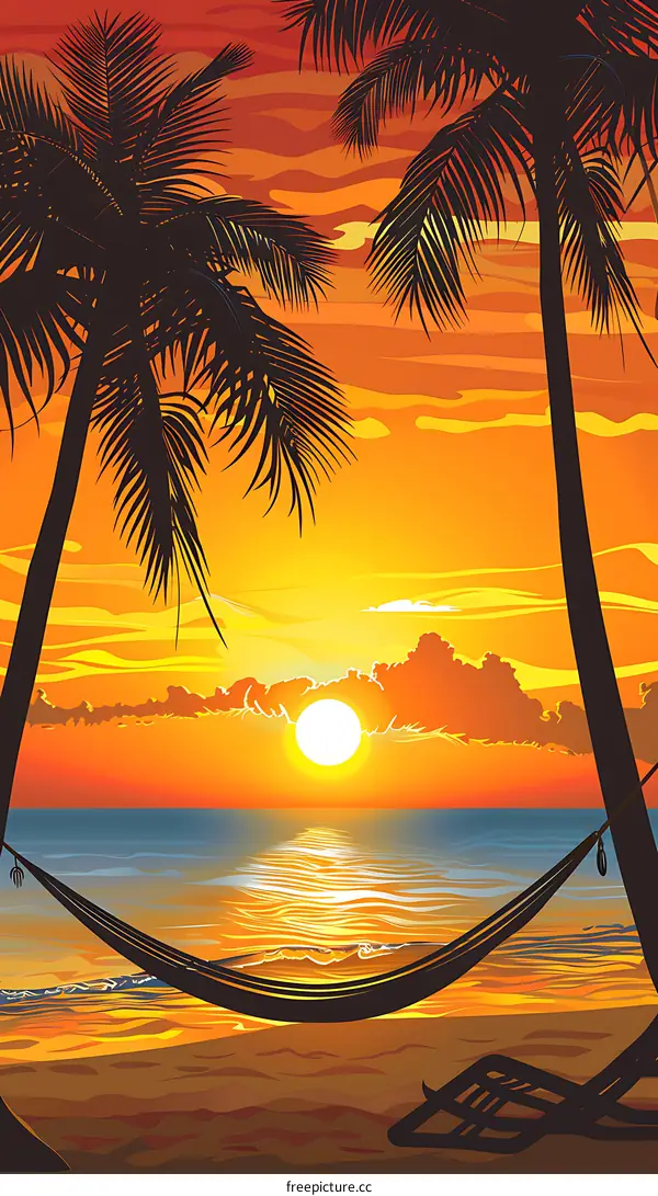 Palm Trees Silhouette at Sunset Beach With Hammock