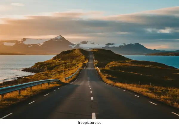 Scenic road stretching through beautiful coastal landscape at sunset