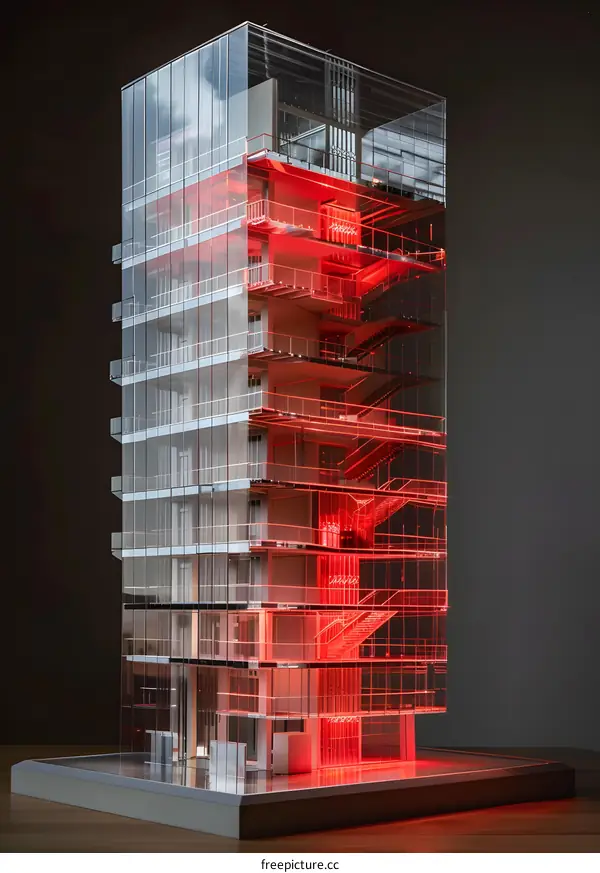 Glass Building Model with Red Lights