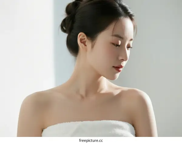 A Young Asian Woman with Hair Bun Wearing White Towel