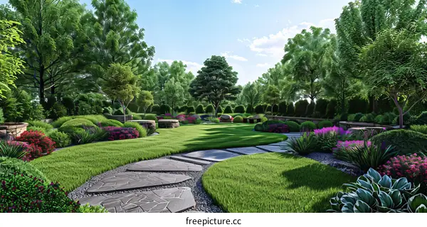 Tranquil Garden with Stone Path and Colorful Flowers