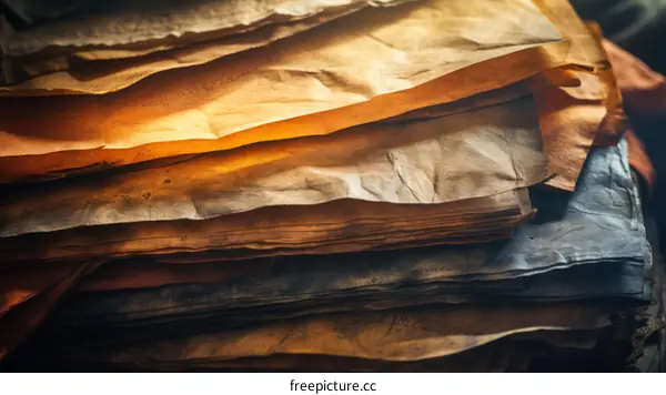 A stack of old, weathered paper