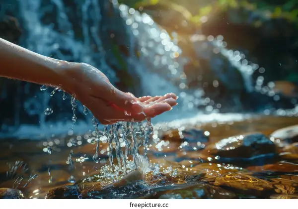 A hand cupping water from a river with the sun shining through the water droplets