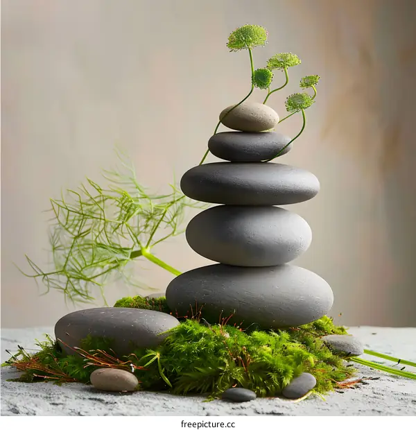 Zen Stones Stacked On Moss With Green Plant