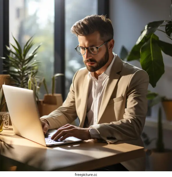 A man in a suit is working on his laptop in a home office.