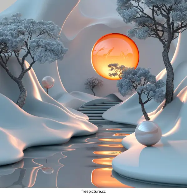Surreal Landscape With White Trees and a Giant Orange Sphere