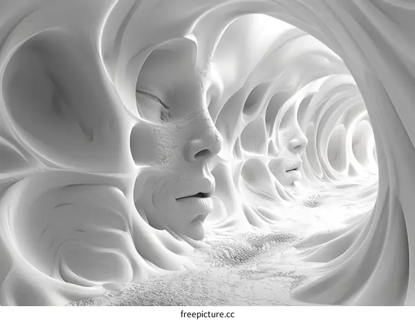 Surreal White Organic Tunnel with Faces Emerge from Walls