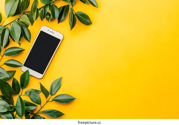 Flat Lay of Green Leaves and Smartphone on Yellow Background