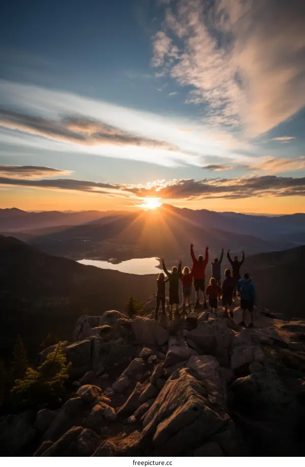 People celebrating the sunrise at the summit of a mountain