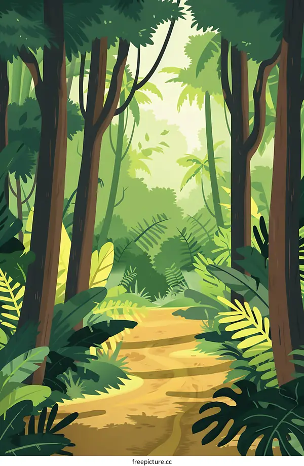 Jungle Path Illustration with Lush Greenery