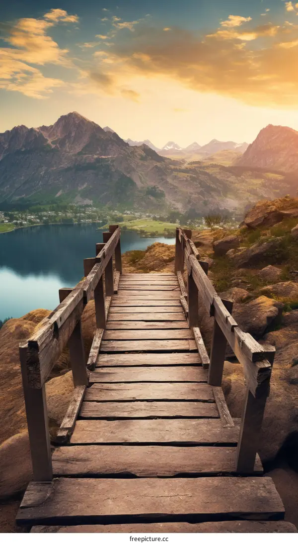 Wooden bridge over a mountain lake with a beautiful landscape of mountains and a village in the distance