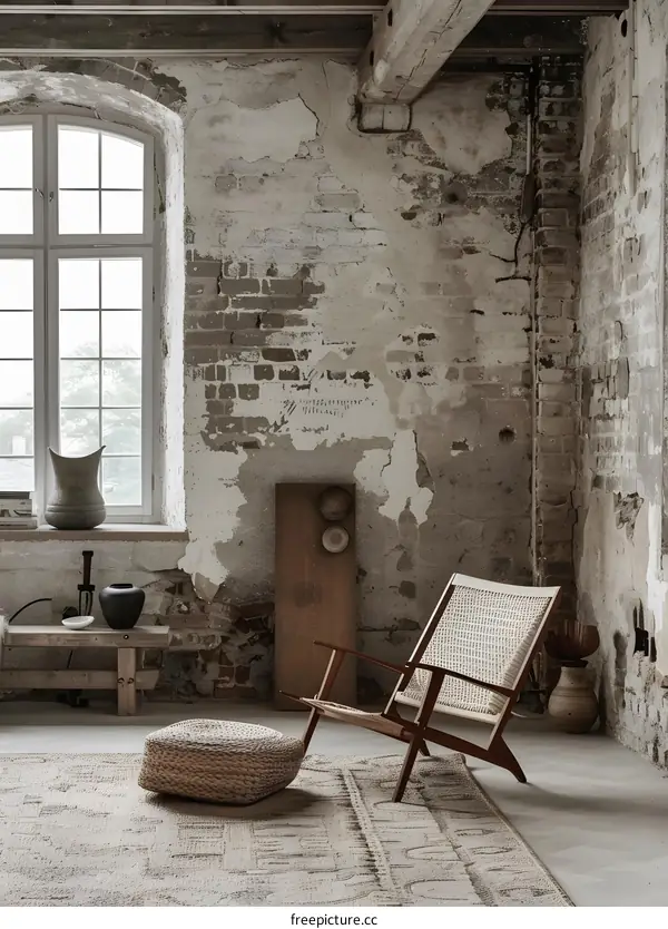 Rustic Interior Design With Exposed Brick Wall and Wooden Beam