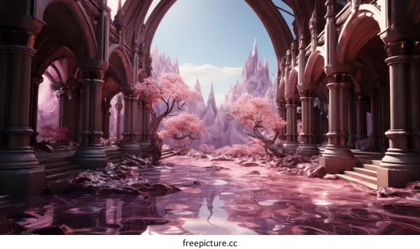 fantasy pink landscape with pink water and pink trees