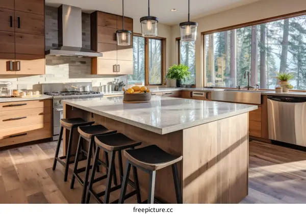 Modern kitchen interior with large windows and wood cabinets