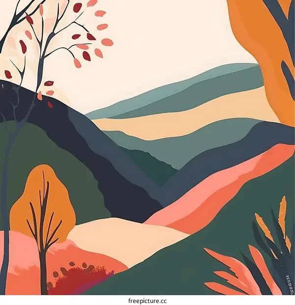 Abstract Landscape Art Print With Mountain And Trees