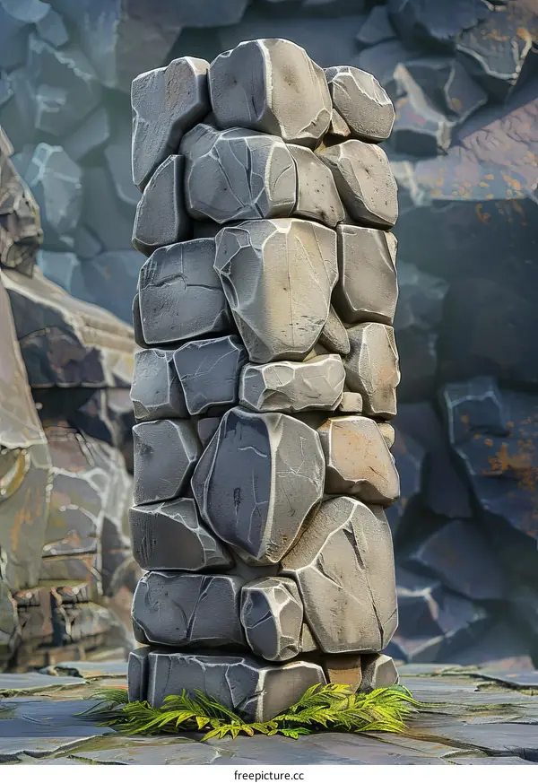 A Towering Stone Pillar Stands in a Rocky Landscape