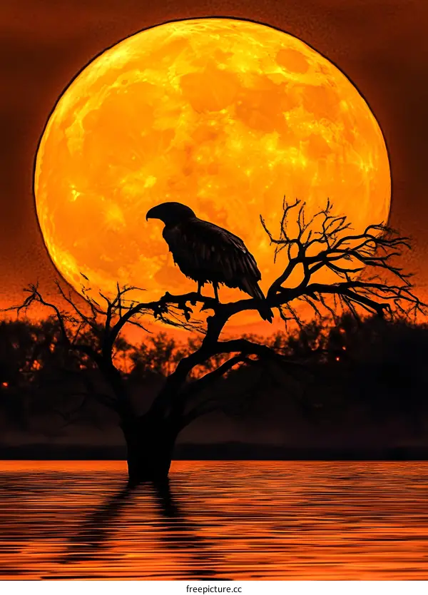 Silhouette of an Eagle on a Branch with a Large Orange Moon in the Background