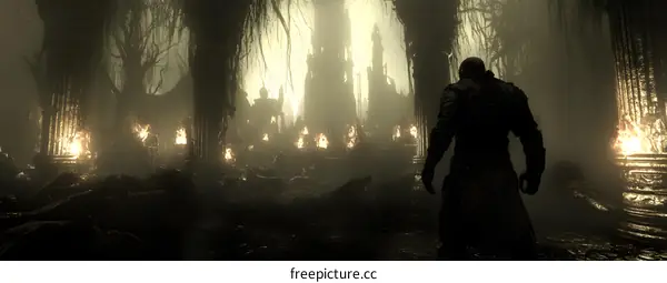 Man Silhouette Walking Through a Ruined Ancient City