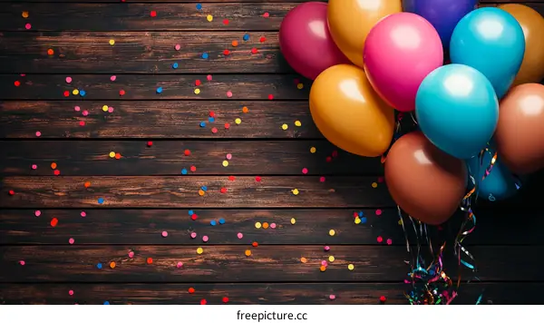 Colorful Balloons and Confetti on Wooden Background