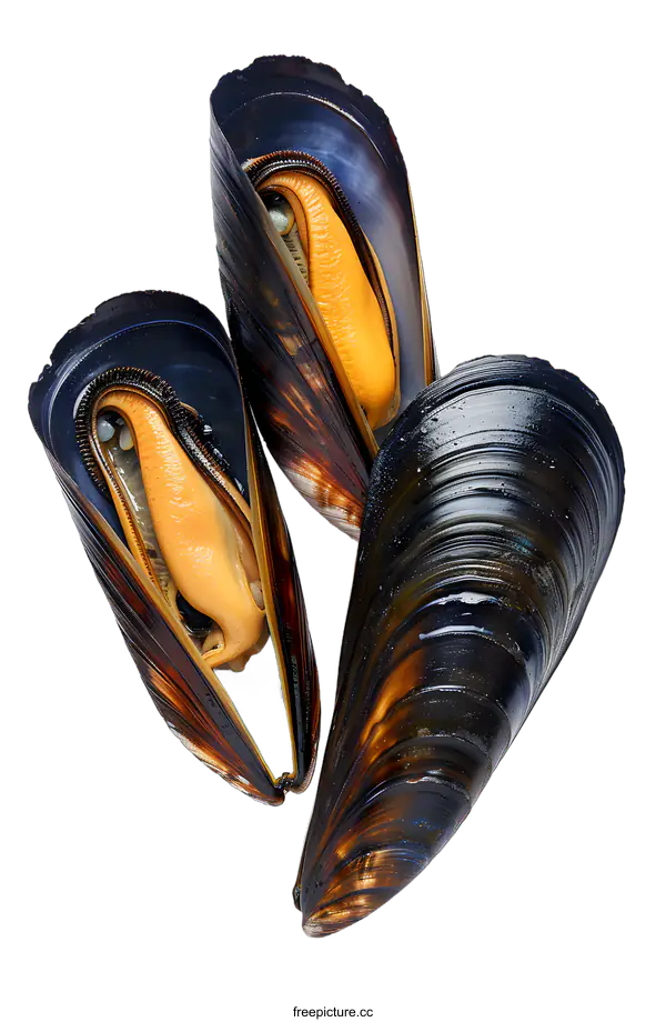 [Transparent Background PNG]Three opened black mussels on white background