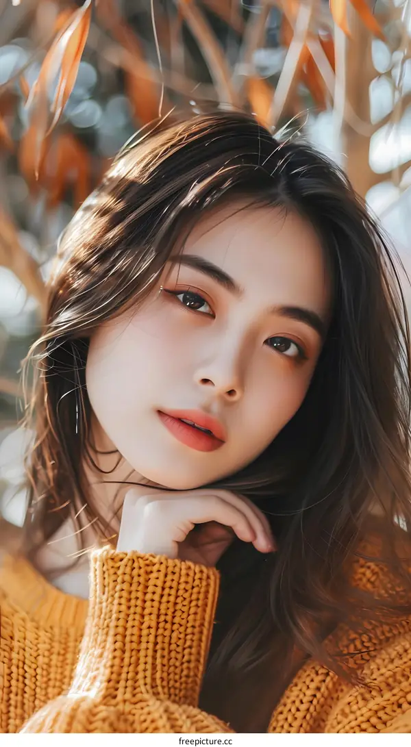 Portrait of a Young Woman with Long Brown Hair and a Yellow Sweater