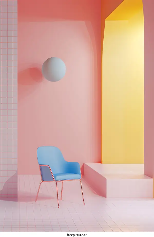Minimalist Interior Design with Blue Chair and Yellow Wall