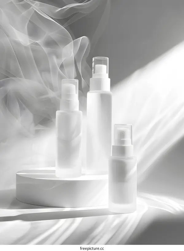Three white cosmetic bottles on a white podium with a white background and a white sheer scarf.