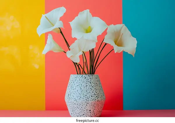 White Calla Lilies in a White Vase with Yellow, Pink, and Blue Background
