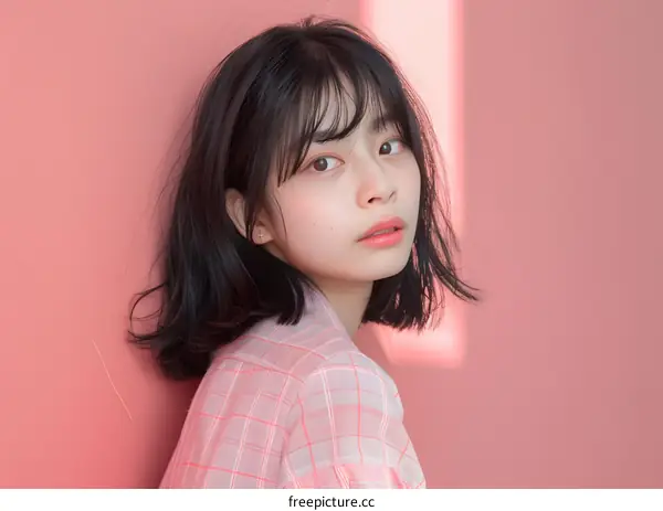 Portrait of a Young Asian Woman with Pink Background