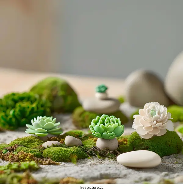 Green Succulents and Stones on Mossy Ground