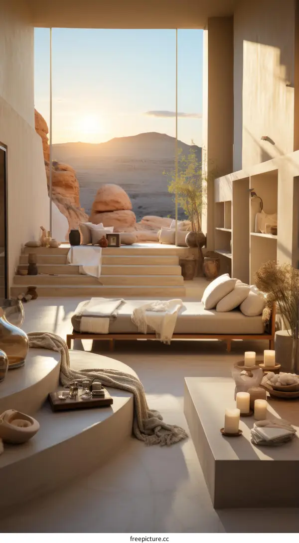 Modern Luxury House Interior with Scenic Sunset Desert Mountain Landscape View