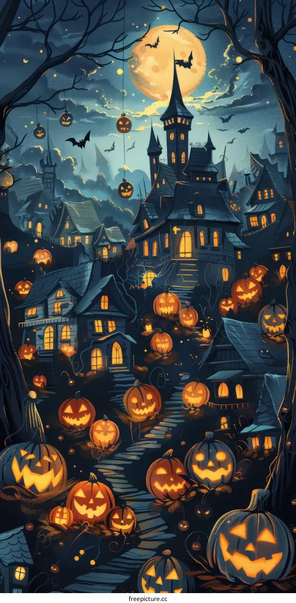 Spooky Halloween Village Under the Moon