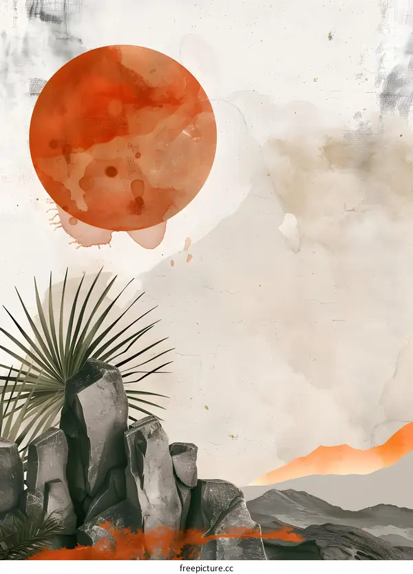 Abstract Art Painting with Orange Sun, Green Plant, and Grey Rocks