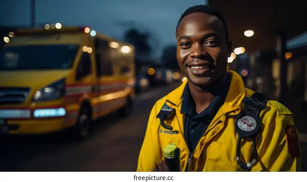 Portrait of a smiling African American male paramedic in front of an ambulance