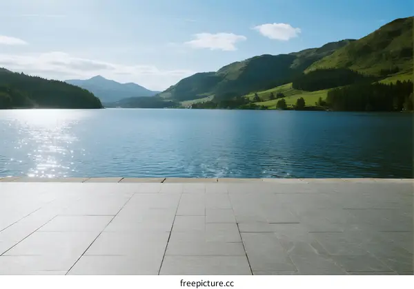 Scenic View of Calm Lake with Mountain Backdrop