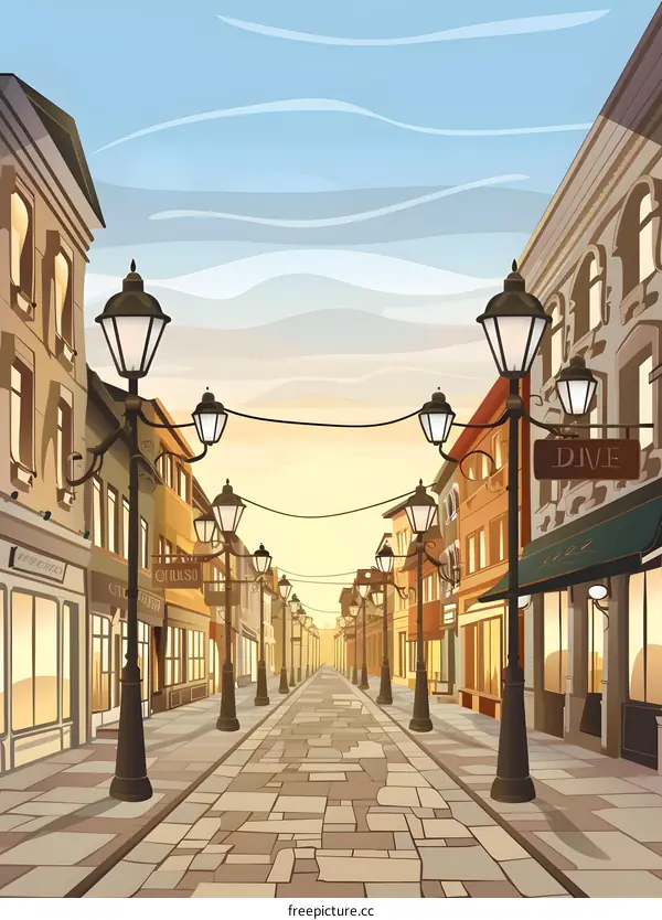 Empty Street with Lamp Posts and Shops in Cityscape Illustration