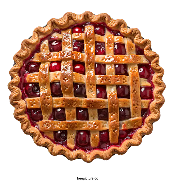 [Transparent Background PNG]Top view of homemade cherry pie with lattice crust