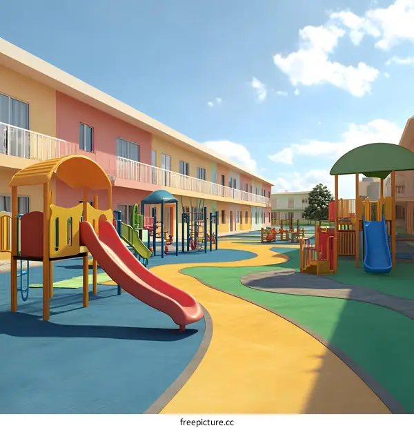 Colorful Playground with Buildings and Blue Sky