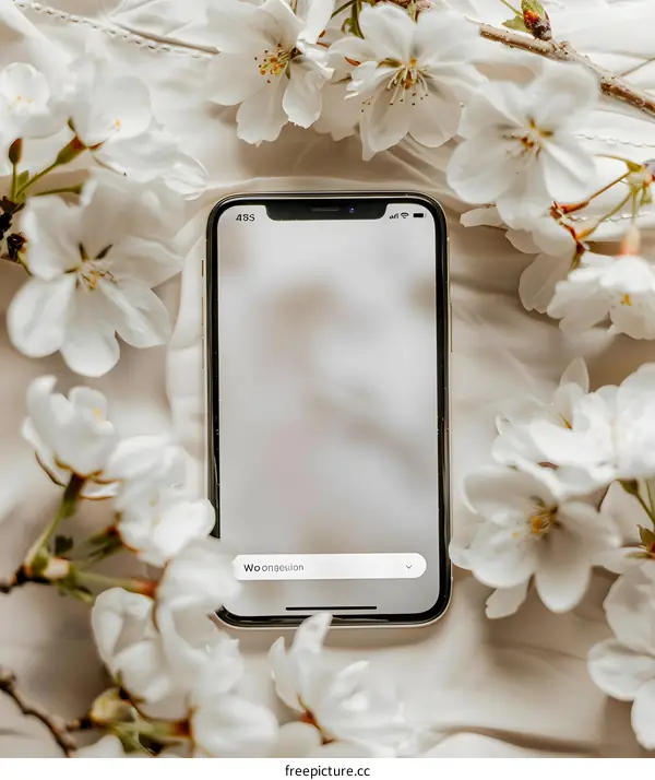 White Flowers Surrounding a Smartphone