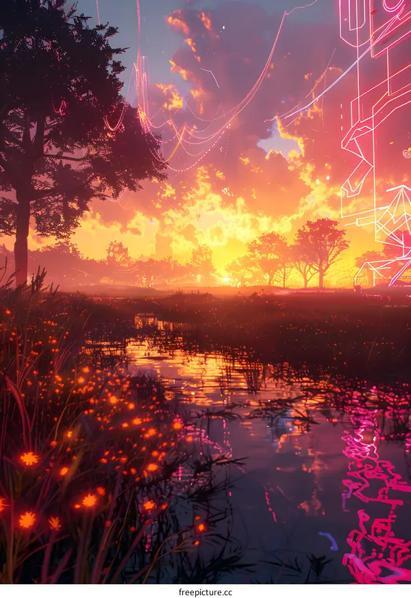 futuristic landscape with a glowing tree and a river