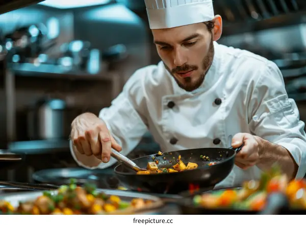 Focused male chef cooking in a restaurant kitchen