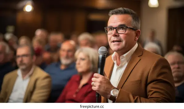A politician giving a speech in front of a crowd