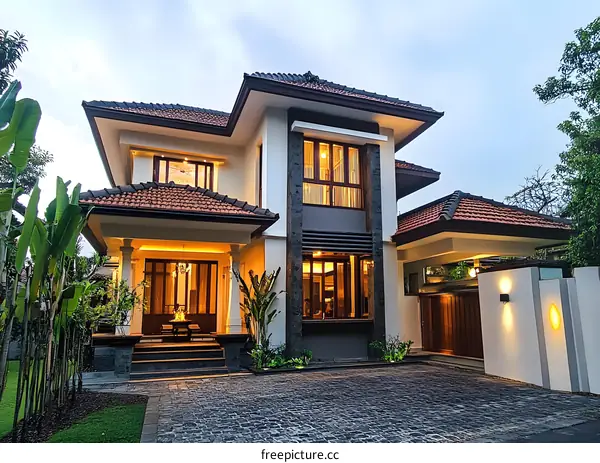 Modern Two Story House With Brick Driveway