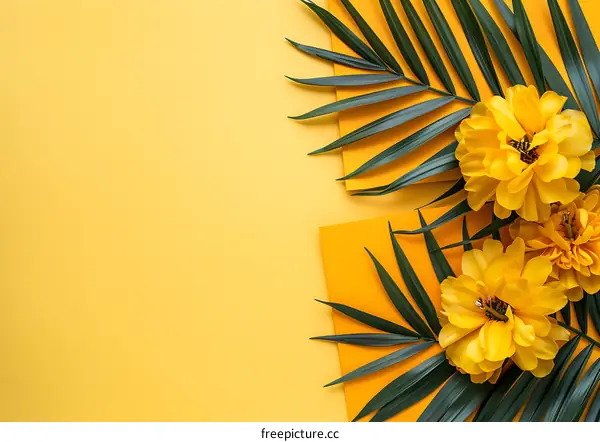 Yellow Flowers and Palm Leaves on Yellow Background