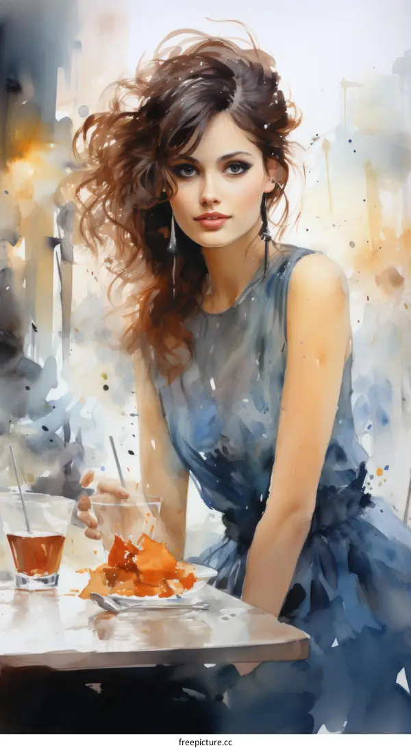 A woman in a blue dress sitting at a table drinking a cocktail illustration