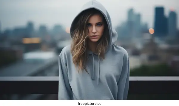 Portrait of a young woman in a gray hoodie looking at the camera with a serious expression on her face