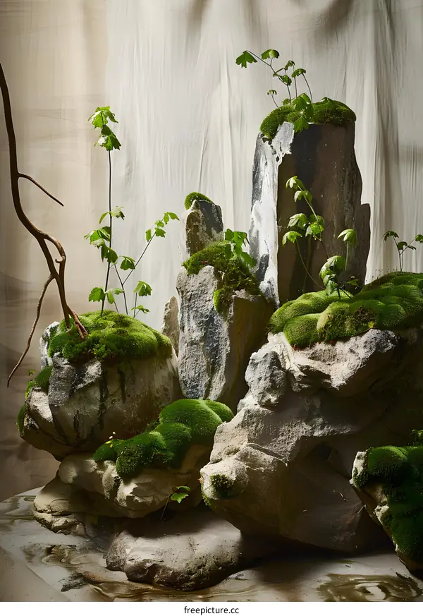 Green Moss Covering Rocks With Small Plants