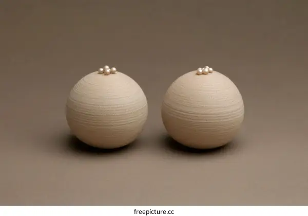 Two Beige Ceramic Sphere Decorated with Pearls