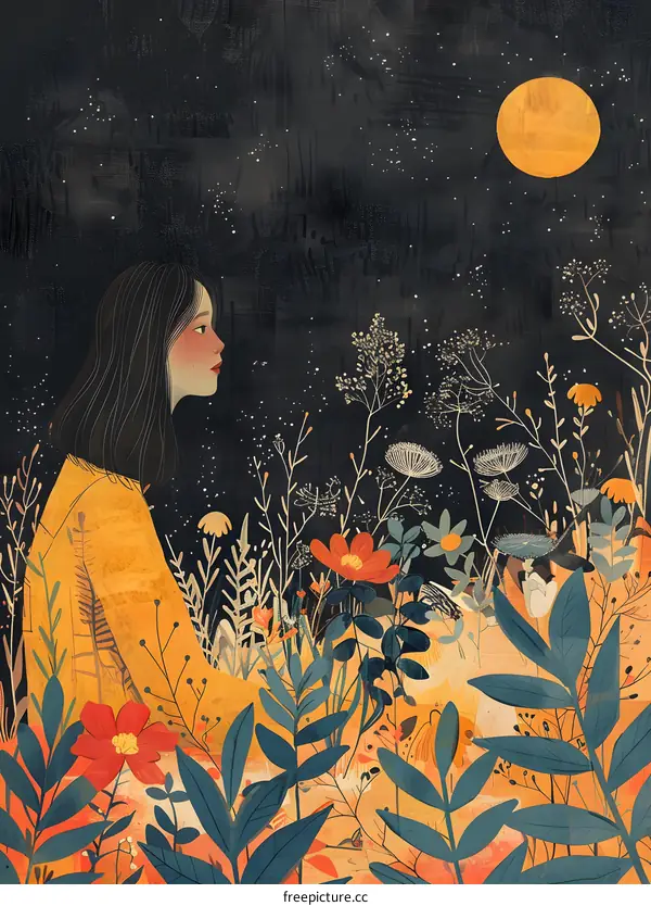 Girl Looking at the Moon in a Field of Flowers